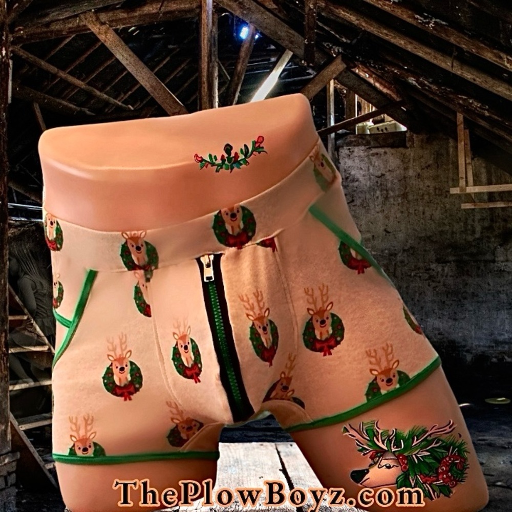 Men’s Open Back Boxer with Metallic Green Zipper Access, Christmas Themed